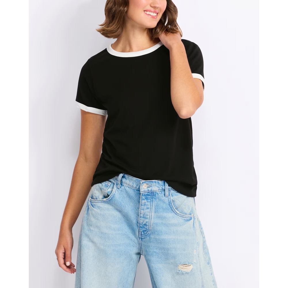 Nine Britton Womens Black White Contrast Ringer Crew Neck Short Sleeve T-Shirt